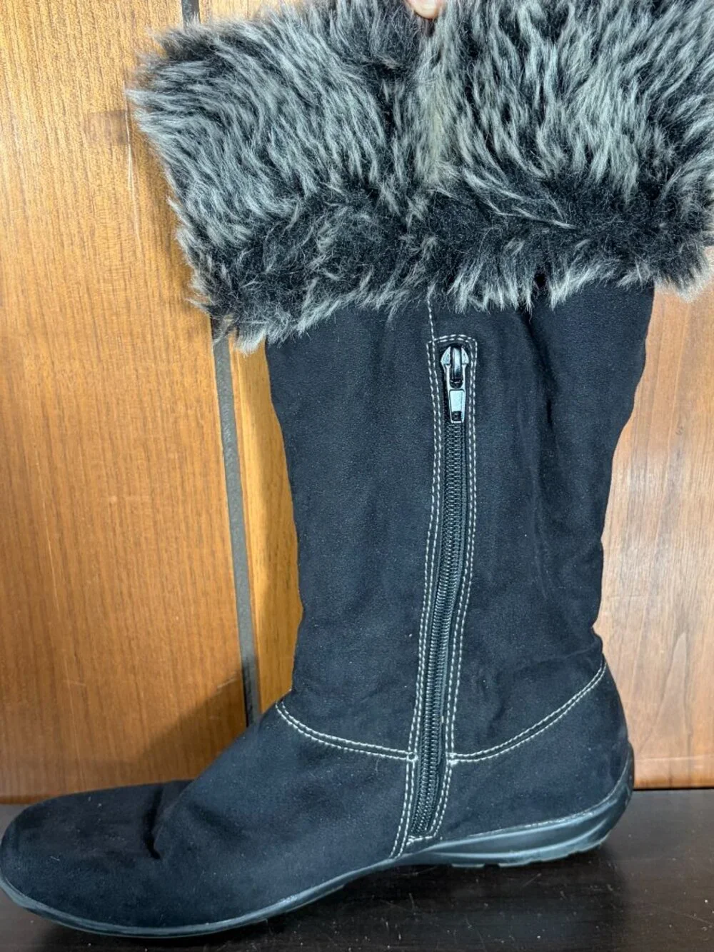 Natural Soul Fabiano Boots Womens Sz 8 Black Suede w/ Faux Fur Liner Mid Calf